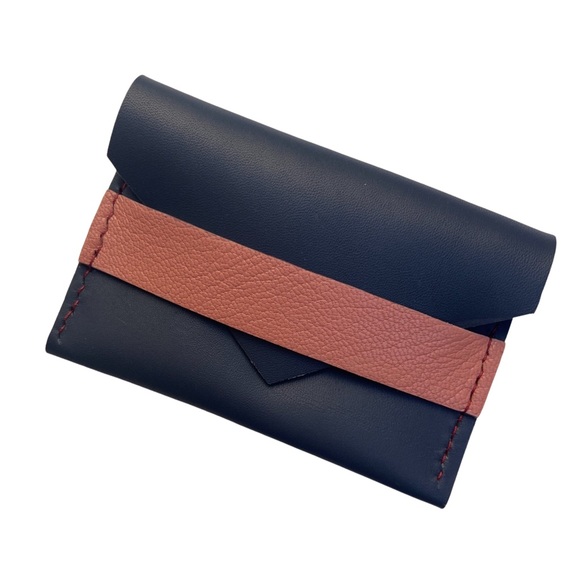 Handmade Navy Pink Leather Cardholder - Picture 1 of 13